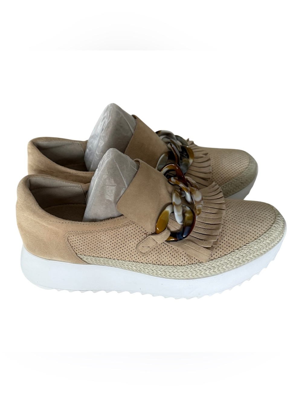 Vaneli Sport Tan Suede Platform Fringe Loafer Animal Print Chain Detail 7.5 M
